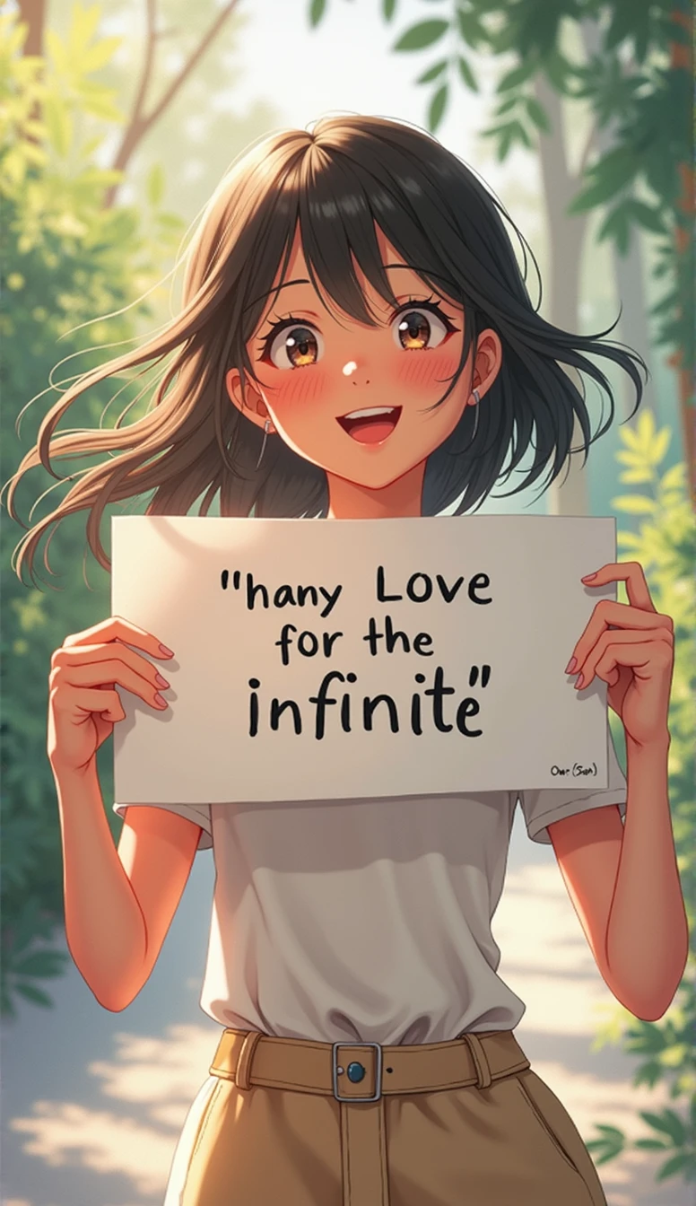 A beautiful and cute woman holding up a sign "I love infinity", Joyful, Happy, Anime illustration, Realistic, oil