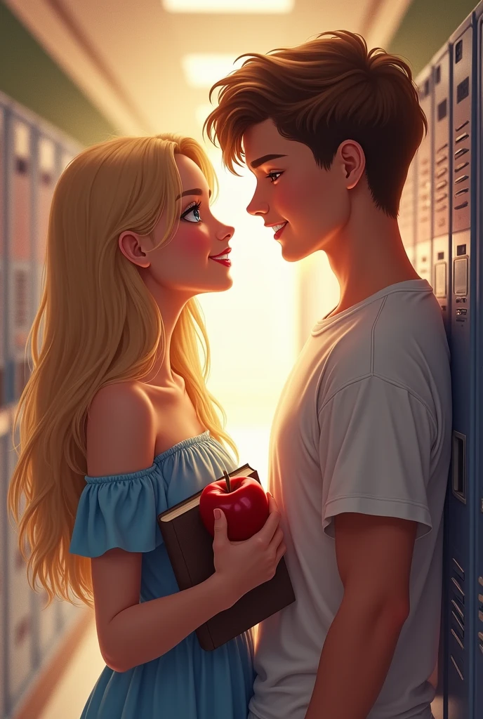 a blonde woman, Young and beautiful, Blue-eyed, straight hair, long, The woman is carrying a closed book, She is wearing a light blue off-the-shoulder dress and smiling with rosy cheeks.. In front of her a young man with brown hair, dark hair, with an apple in his hand he smiles, They are in the hallway of a high school