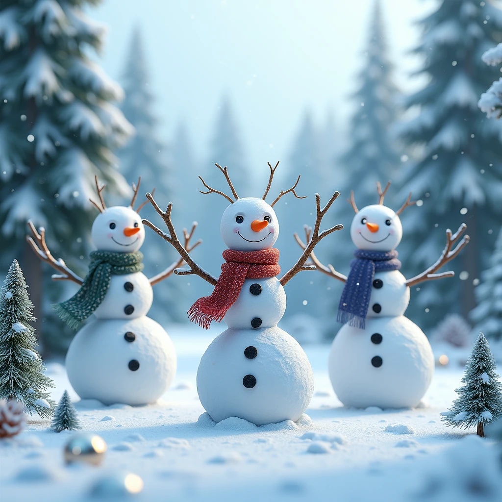 a beautiful detailed winter landscape, 3 snowmen in a snowy forest with blue, red and green scarves, tree branch arms, carrot noses, (best quality,16k,masterpiece:1.2),ultra-detailed,(realistic,photorealistic,photo-realistic:1.37),intricate details,cinematic lighting,gorgeous colors,snowflakes,christmas trees,snowy forest,stunning scenery