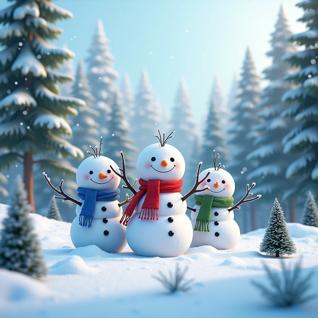 a beautiful detailed winter landscape, 3 snowmen in a snowy forest with blue, red and green scarves, tree branch arms, carrot noses, (best quality,16k,masterpiece:1.2),ultra-detailed,(realistic,photorealistic,photo-realistic:1.37),intricate details,cinematic lighting,gorgeous colors,snowflakes,christmas trees,snowy forest,stunning scenery