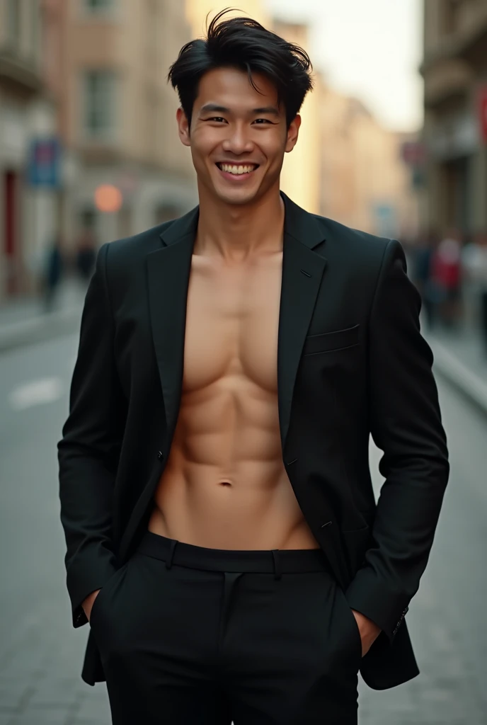 Asian man,27years,hot frat guy wearing a suit, open shirt, black suit jacket, black suit pants, showing off his body, defined abs and defined pecs, smirking, ultra realistic, shot with cinematic camera, high quality photography,, flash with softbox, 4k, Canon EOS R3, hdr, smooth, sharp focus, high resolution, award winning photo, 80mm, f2.8, bokeh, masterpiece realistic, best high quality,Real-life Photorealism, Raw Portrait Photography , There are abs, Differential crushing cap, rough breath, Black hair, Messy hair, modern, hyper HD, Masterpiece, curate, This photorealistic portrait combines the style of National Geographic., Capture every detail of his textured skin in 8k resolution. Leica digital SLR. (8K UHD、RAW Photography、Photorealistic Portrait Leica Digital SLR、Lifelike images) ,He stood in the middle of an outdoor environment., With unparalleled attention to detail., This photorealistic portrait combines the style of National Geographic., Capture every detail of his textured skin in 8k resolution. Leica digital SLR camera. His features were clearly visible., From the deep-set eyes to the chiselled jawline., Make this image a true masterpiece..Lift. (8K UHD、RAW Photography、Photorealistic Portrait Leica Digital SLR、Lifelike images)