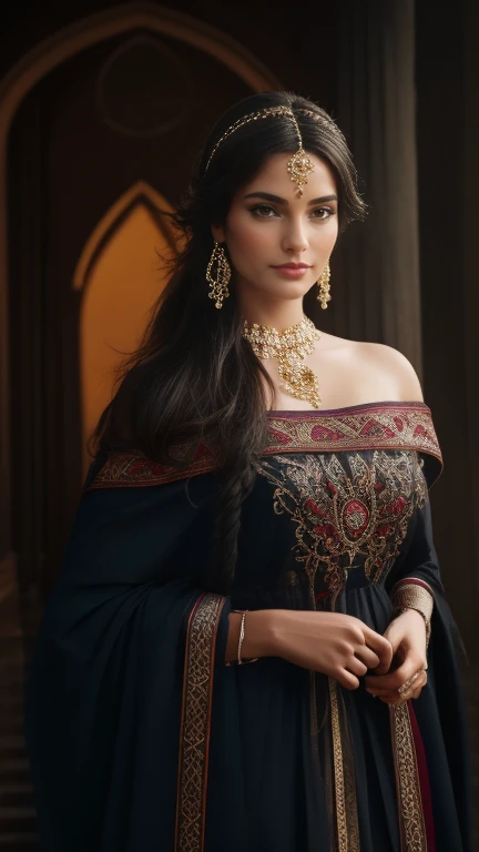 (best quality,4k,8k,highres,masterpiece:1.2),ultra-detailed,(realistic,photorealistic,photo-realistic:1.37),Al-Uzza, the ancient Arabian goddess of beauty and black magic, off-shoulder, extremely detailed face and eyes, long eyelashes, detailed lips, intricate jewelry, flowing dress, ornate background, warm lighting, fantasy art, cinematic composition, dramatic lighting, dramatic pose, dramatic expression, cinematic shot, detailed fabric textures, dynamic composition, rich colors, dramatic chiaroscuro, mystical atmosphere