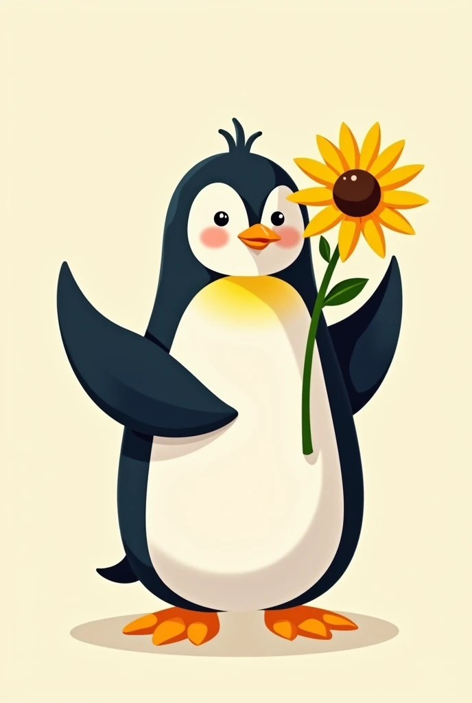 Create an image of a penguin while holding a sunflower in 2D