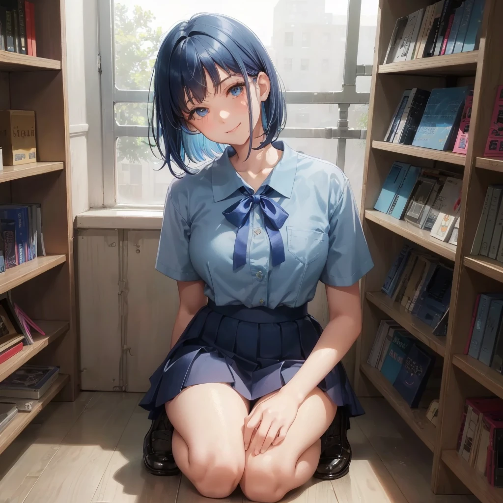 1. High school girl　17-year-old female　Bobcut　dark blue hair color　High School Uniform　Light blue Y-shirt　Short sleeve　Blue Ribbon　dark blue hair color　Slim figure　Large Breasts　Full body portrait　School library　Smiling Kindly　Laugh a little　library　Hand Signs　squat　Kneel　Look up here　