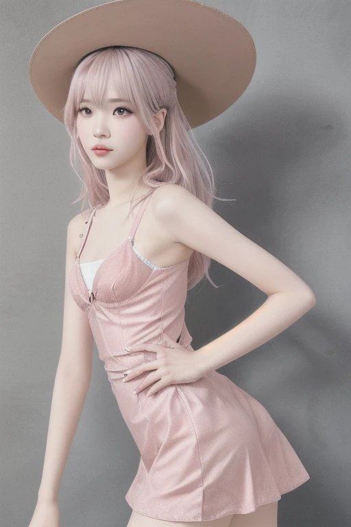 pink silver haired girl, long hair wearing a pale pink dress and hat, fine details,girls frontline, artwork in the style of guweiz, trending on cgstation, from girls frontline, Guweiz, ig model,artgerm, trending at cgstation, by Yang J,photorealistic anime girl render,Slim figure,Are thin,Flat Chest,Small Bust,Small waist,Slim legs and thighs,(Beautiful nipples),(Flat Chest),(Small Ass),(Thin string underwear),Pale pink underwear,