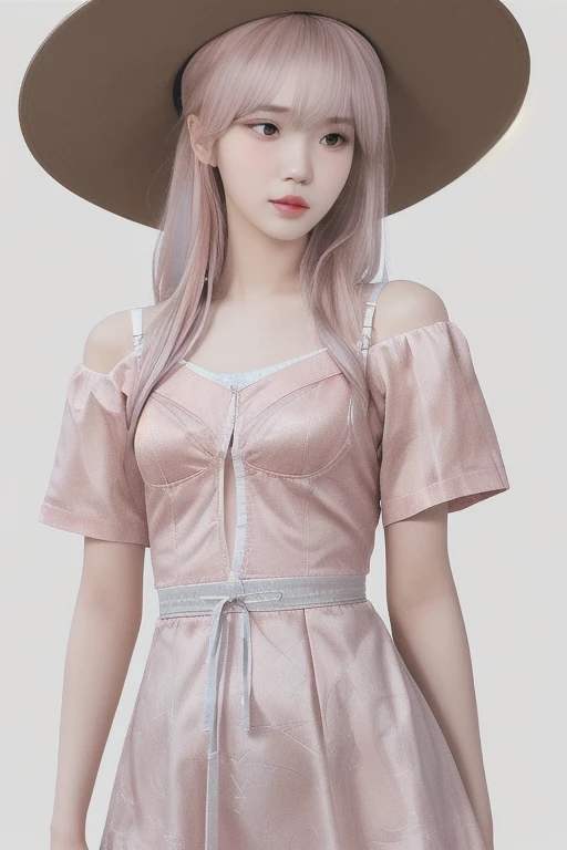 pink silver haired girl, long hair wearing a pale pink dress and hat, fine details,girls frontline, artwork in the style of guweiz, trending on cgstation, from girls frontline, Guweiz, ig model,artgerm, trending at cgstation, by Yang J,photorealistic anime girl render,Slim figure,Are thin,Flat Chest,Small Bust,Small waist,Slim legs and thighs,(Beautiful nipples),(Flat Chest),(Small Ass),(Thin string underwear),Pale pink underwear,