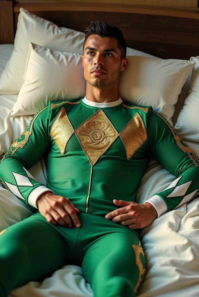 Cr7 green ranger mighty morphin suit lying on a bed (without helmet), looking at the camera