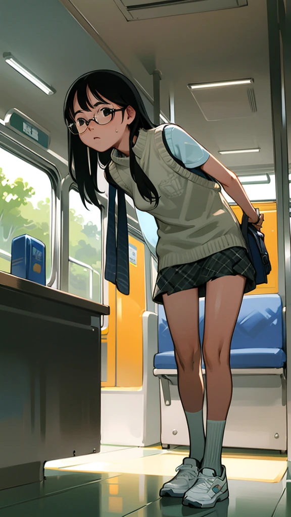 summer、In a crowded train、thick、Sweat、、high school girl、Student Bags、、Low length、、(((Long black hair:1.2 hair band)))(((Black-rimmed glasses:1.2 black eye)))、Strong sunlight、thicksummerの昼間、Bright sunlight、Look at this、Front view、Full Body Shot、Big Breasts、loose socks、Checked mini skirt、Navy knit vest、Are standing、A man whispers in my ear、sneakers