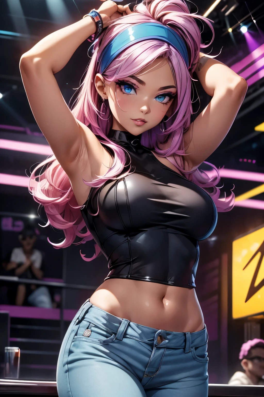In a vibrant nightclub setting, a young woman embraces the 1980s spirit in a skin-tight, off-the-shoulder bodysuit paired with high-waisted acid-wash jeans. Her hair is teased and styled with a neon headband, and her makeup boasts electric purple eyeshadow and a shimmery coral lip. Her playful pose and daring gaze exude the era's magnetic allure.