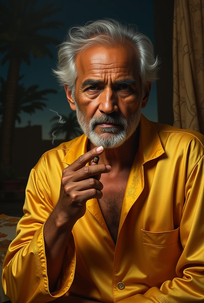 A bengali father with cigar in hand and golden night suit