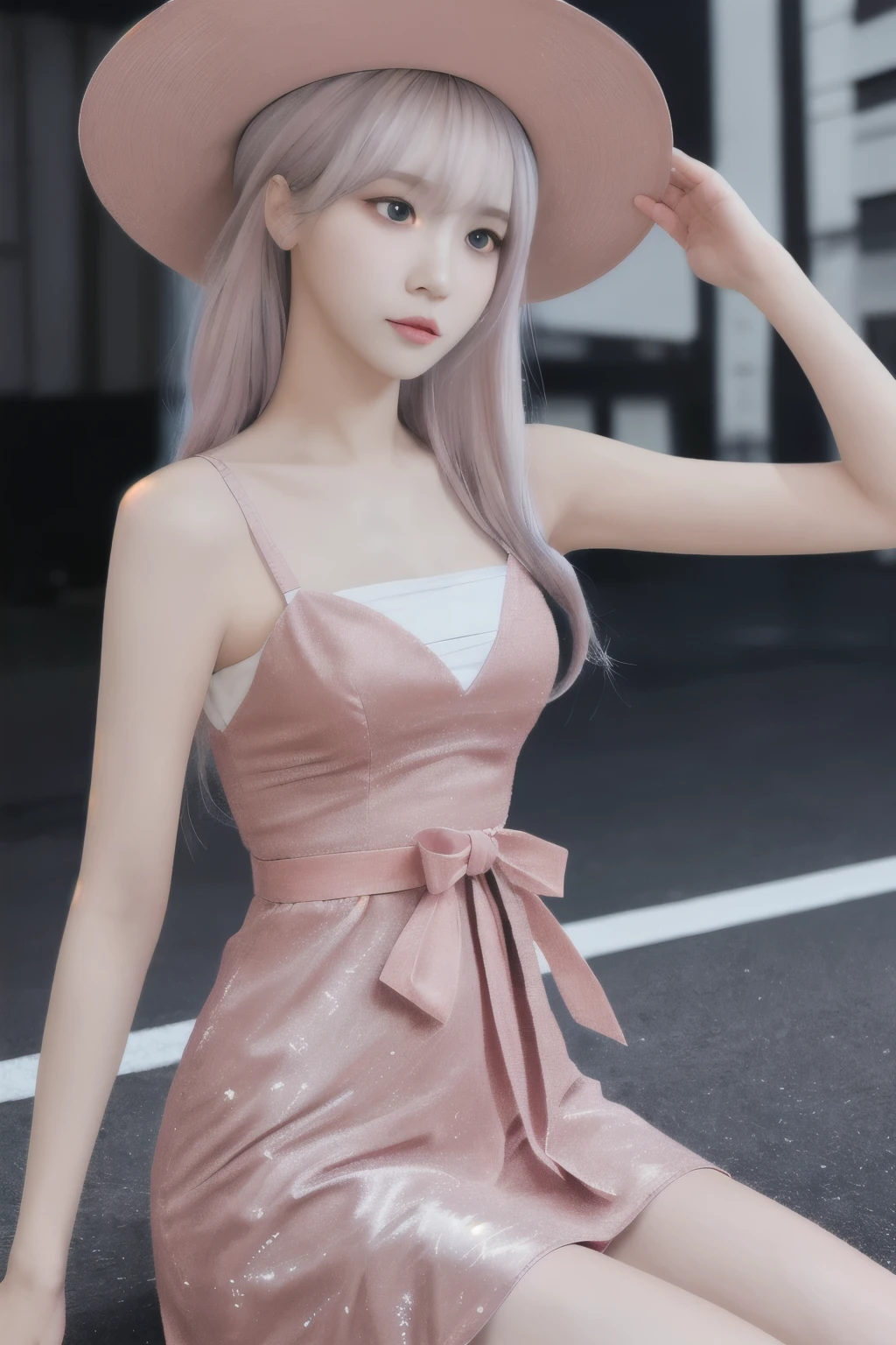 pink silver haired girl, long hair wearing a pale pink dress and hat, fine details. girls frontline, artwork in the style of Guweiz, trending on cgstation, from girls frontline, Guweiz, ig model | artgerm, trending at cgstation, by Yang J, anime girl cosplay, photorealistic anime girl render, smooth anime cg art,Slim figure,Are thin,Flat Chest,Small Bust,Small waist,Slim legs and thighs,