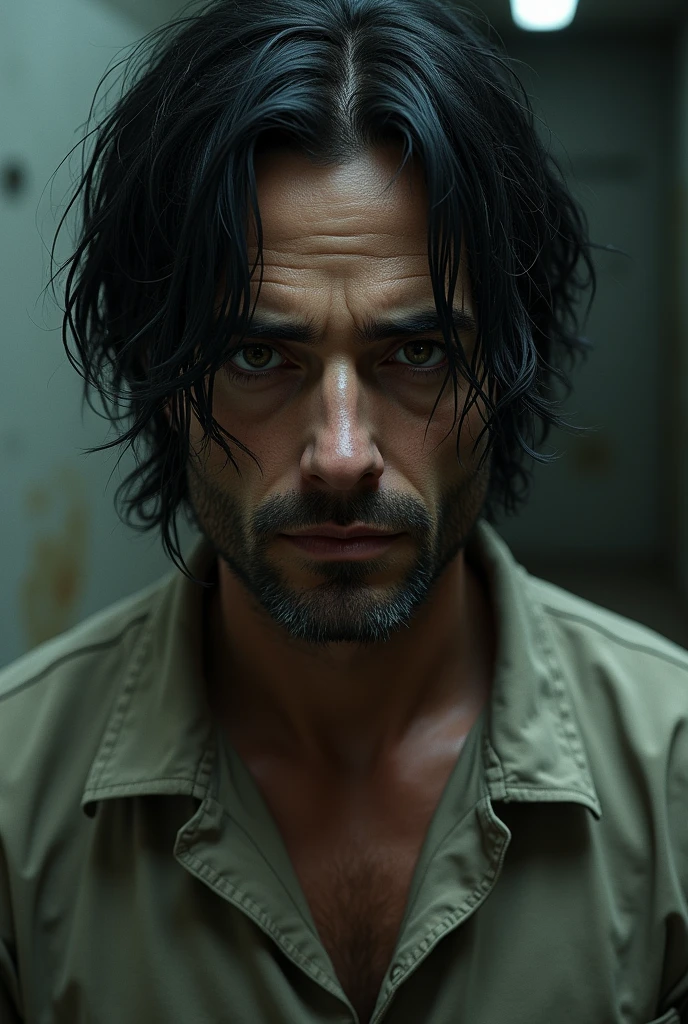 A 38 year old man with emo black hair with black eyes wearing prison outfit