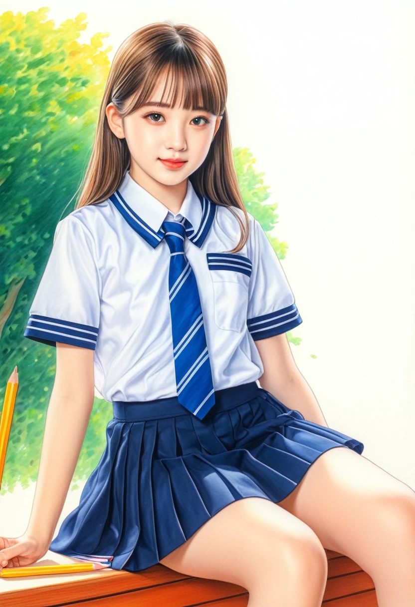 Cat drooping in the heat，Late Summer Theme，art，advertisement，Colored pencil drawing，draft 、Cute school uniform,　、Masterpiece、Ultra high definition、