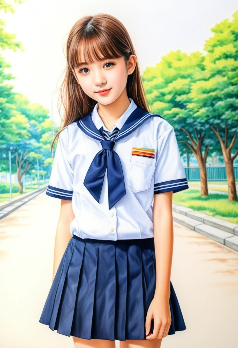 Cat drooping in the heat，Late Summer Theme，art，advertisement，Colored pencil drawing，draft 、Cute school uniform,　、Masterpiece、Ultra high definition、