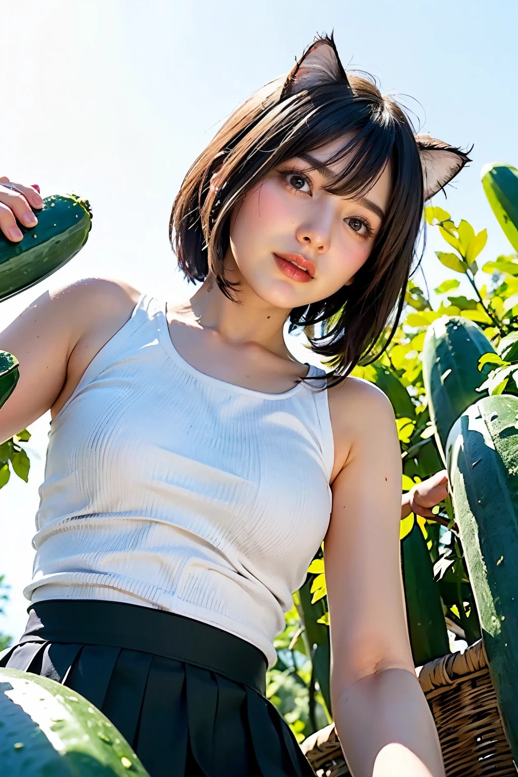 Masterpiece, bokeh
(best quality:1.2), (raw photo), dappled sunlight, dramatic lighting, 
(beautiful girl), (shame smile:0.8), 
(A basket full of cucumber, in a cucumber field:1.3),  (Beautiful face), (Detailed face), (Japanese idle), (Plump breast:1.2), (White tanktop:1.3), (Pleated skirt:1.3), (Blushed face:1.3), (Cat ears:1.3), (From below:1.5),