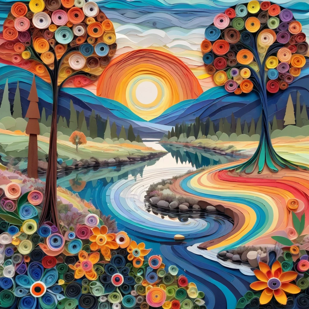 In a vibrant, digital painting blending mixed media, a stick man with one large, expressive eye stands beside a tranquil river. His intricate, swirly shirt is a riot of colors and patterns, drawing the viewer's gaze. The background features a swirling sky, with a mosaic sun casting a kaleidoscope of light across the scene. Flowers and trees along the riverbank are rendered with meticulous quilling techniques, their forms intricate and delicate, psychedelic, synesthesia, ethereal, metaphysical landscape, pop art and neo-expressionism, Agnes Lawrence Pelton, the geometric vibrancy of Sonia Delaunay, and the whimsical yet profound style of Wanda Gág. 