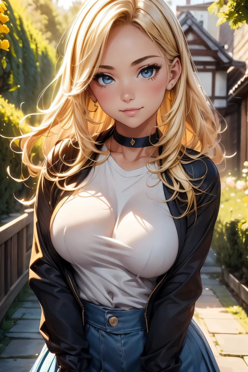 Beautiful breasts, 1 girl, ((golden yellow hair)) ((Cute girl)) brown eyes, from above,with medium breasts and thin waist, and voluptuous body, puffy clothes made of light fabric, long sleeves, denim skirt, has a bold look , cute looks, expression with sweet smile, gothic choker, Japan, in front of an old wooden house, trees and wooden stairs, in the field of beautiful roses, she is in a leaning pose (best quality, ultra-detailed, photorealistic: 1.39), Face of naughty 18 year old teenager, bright and vibrant colors, studio lighting, romantic expression,