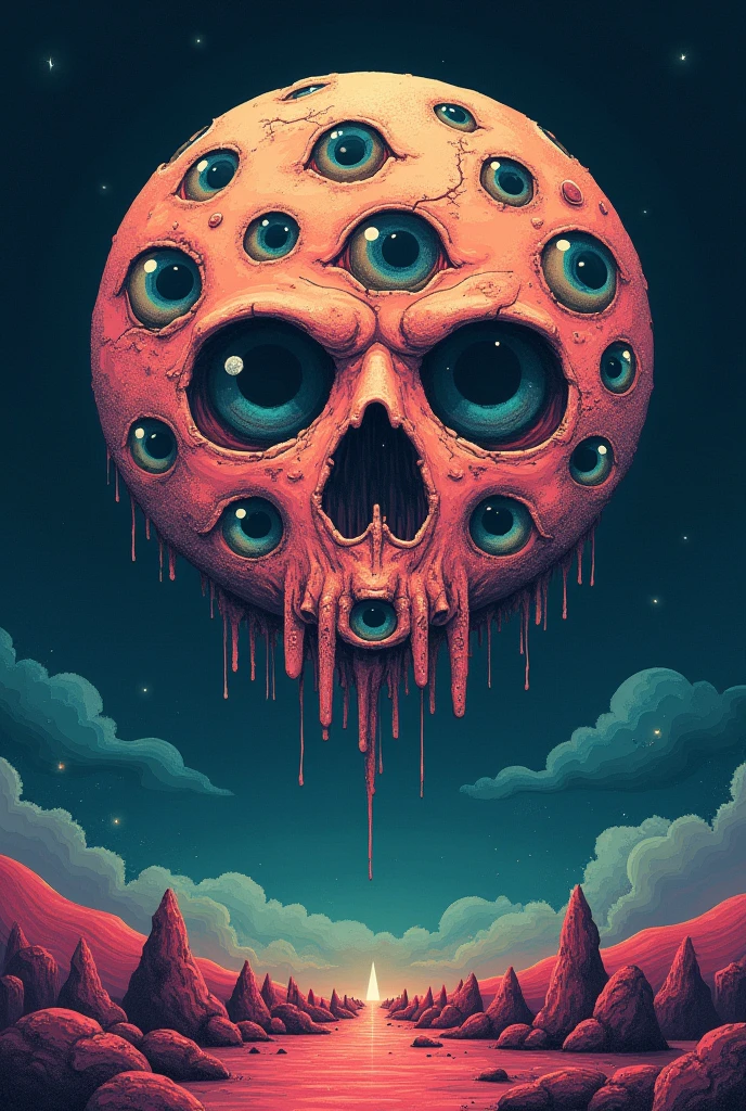 Create a moon with many eyes, mouthless flat psychedelic drawing style