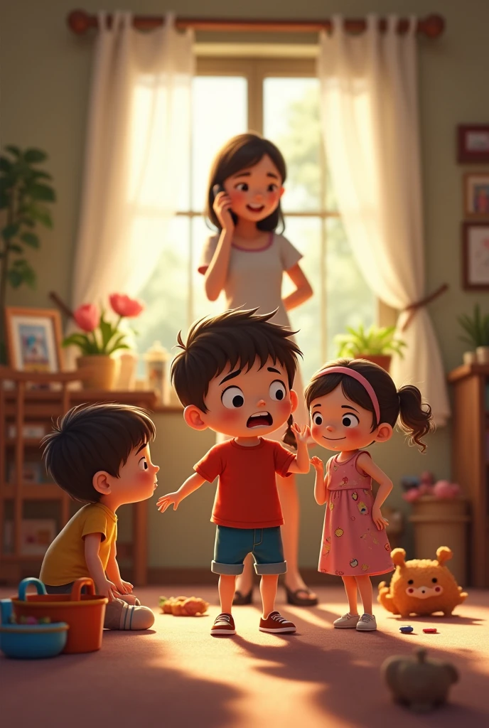 Create aboy playing with his two sisters and mother talking to phone looked shocked and sad