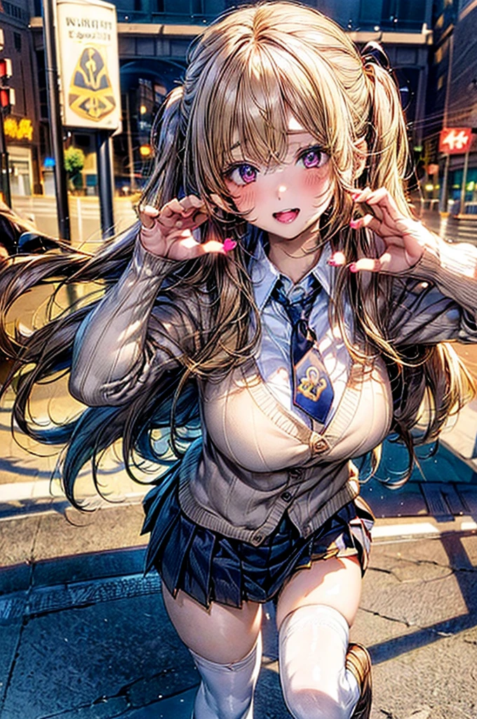 Browsing Caution,(((Waving and looking at me,Sitting on the guardrail))),(Highest quality, 8k, masterpiece:1.3,beautiful girl), (Very detailed)Glowing Skin,(((Long Hair,blonde,Beautiful Hair))),(Perfect Anatomy, Anatomically correct, Very detailed肌),((Golden Eyes)),((Perfect Fingers,Five Fingers)),((Light blue collared shirt, Navy pleated mini skirt, socks, Navy tie, Light brown cardigan, White knee socks)),Pink Panties, Knee-high socks,Knee-high socks on both feet,Double teeth,(((Heart symbol on eye))),Big Breasts,Big Ass,In front of the station,noon,