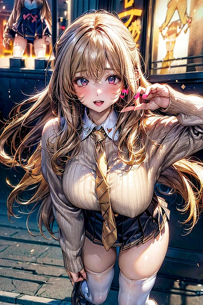 Browsing Caution,​(Highest quality, 8k, masterpiece:1.3,beautiful girl), (Very detailed)Glowing Skin,(((Long Hair,blonde,Beautiful Hair))),(Perfect Anatomy, Anatomically correct, Very detailed肌),((Golden Eyes)),((Perfect Fingers,Five Fingers)),((Light blue collared shirt, Navy pleated mini skirt, socks, Navy tie, Light brown cardigan, White knee socks)),Pink Panties,  Knee-high socks,Knee-high socks on both feet,Double teeth,(((Heart symbol on eye))),Big Breasts,Big Ass,In front of the station,Waving and looking at me