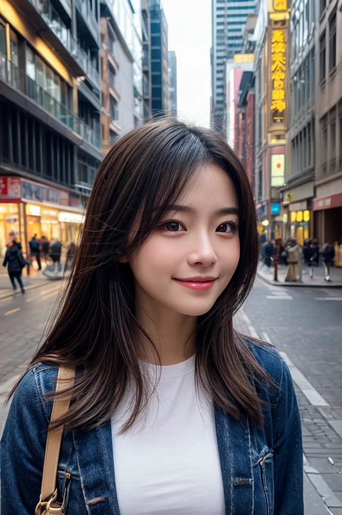 photograph, Highest quality, Urban woman , photo of beautiful 何?casual, smile, View your viewers, Perfect Face, Perfect Eyes, Sharp focus, Complex, Attention to detail, dramatic, Realistic,