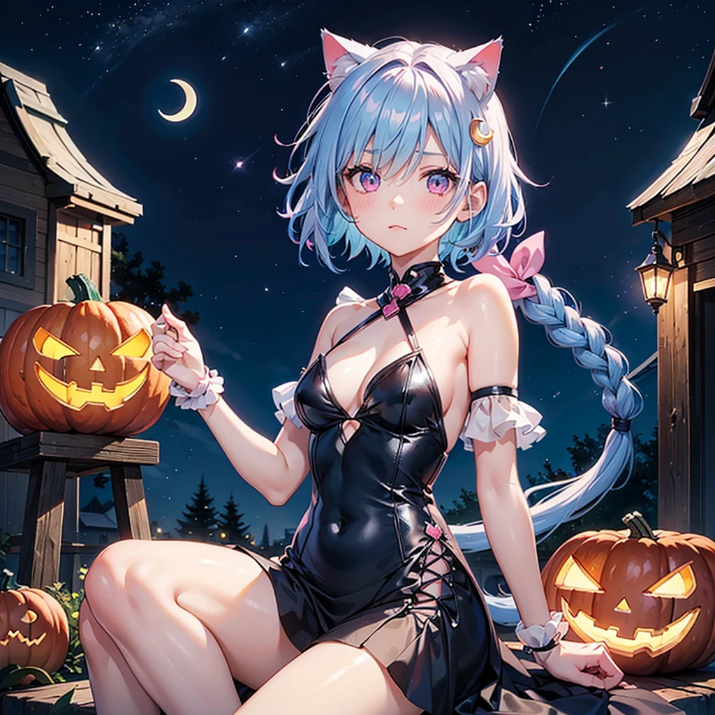 (Sky blue hair),(Short Hair), (Pink Eyes),Fair skin) ,(whole body),(One Girl),(Crescent Moon),(There are lots of pumpkin ghosts in the background),Cat ear,Cat&#39;s Tail,(Sailor suit),(Ahegao),(Fall into Darkness),If you don't give me sweets, I'll play a prank on you.),Halloween Night Party),(masterpiece, Highest quality, Very detailed, Best Shadow), (Detailed Background), (Beautifully detailed face), High Contrast, (Best lighting, Very delicate and beautiful), ((Cinematic Light)), Hyper Detail,8k, Dramatic Light, Intricate details,night,(Bats flying in the background),Pumpkin handbag,There are sweets in the bag,