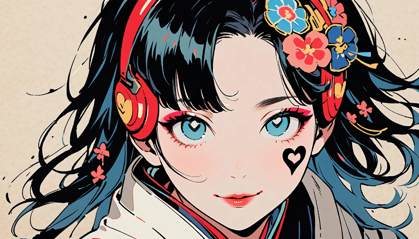 (((Ink Painting))), (((from above))), (((1 female))), (((Heart tattoo on face))), (((Very flashy hair accessories))), (((Very flashy makeup))), Japanese style headphones, devil, face close-up, front view, Japan人の美少女, Black Hair, Delicate and precise, Modern ukiyo-e style,Japan, Droopy eyes, round face, smile, Fuller lips, vivid color
