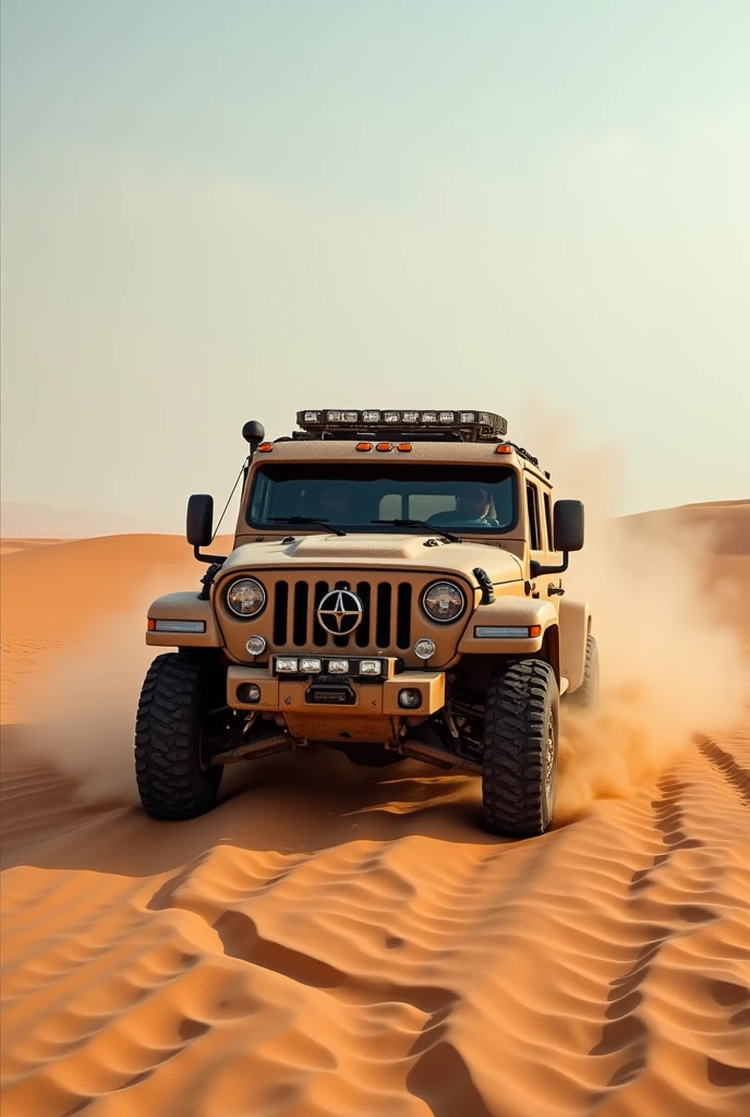 (RAW photo, realistic photo, high quality, masterpiece), transportation vehicle with continuous tracks , moving on desert