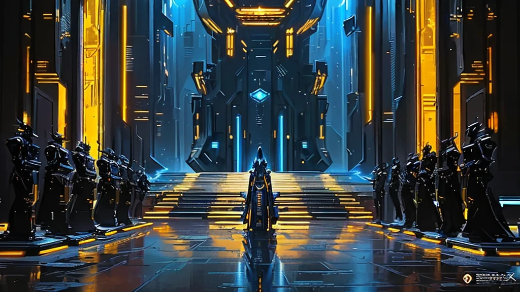 there is a kneeling woman standing in a corridor with many statues, she has a modern and futuristic armor suit, in a futuristic arena, in a futuristic cyberpunk city, cinematic science fiction film still, in front of her there are [[[3 large thrones of iron]]], each throne is occupied by a person, futuristic cyberpunk setting, portrayed as a science fiction scene, dramatic lighting science fiction, cyberpunk temple, in a futuristic spaceship, surreal science fiction set design, huge temple city futuristic, cinematic sci-fi shot, in a cyberpunk setting, 8k, realistic