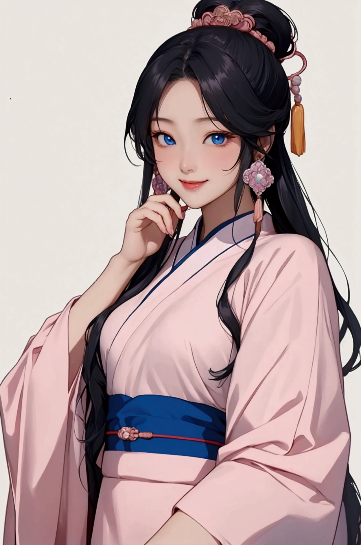 (Highest quality、 8k 、masterpiece、High resolution)、(Chinese Drama、Changgexing、Li Changge、Dililaba)、Tang Dynasty、Changan、1 Female、Beautiful young person、blue eyes、Pretty lips、(Anime Beauty)、(Anime Art)、Smiling and posing happily、Bright atmosphere、Light colored long hair、Light pink Hanfu、古いChanganの街並み、Official Art、Detailed CG、