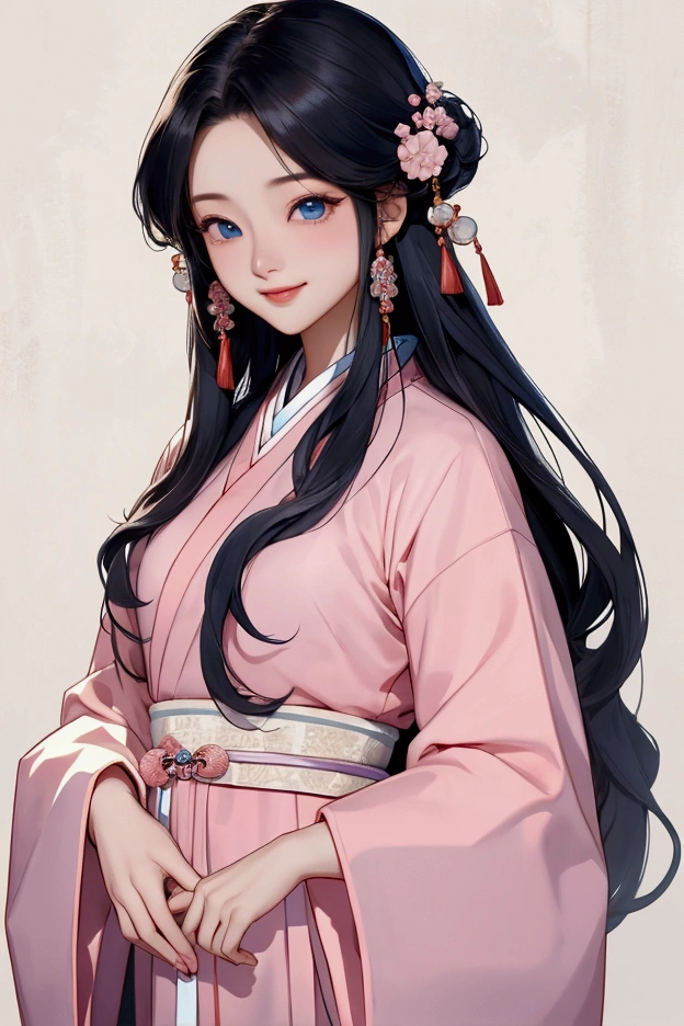 (Highest quality、 8k 、masterpiece、High resolution)、(Chinese Drama、Changgexing、Li Changge、Dililaba)、Tang Dynasty、Changan、1 Female、Beautiful young person、blue eyes、Pretty lips、(Anime Beauty)、(Anime Art)、Smiling and posing happily、Bright atmosphere、Light colored long hair、Light pink Hanfu、古いChanganの街並み、Official Art、Detailed CG、