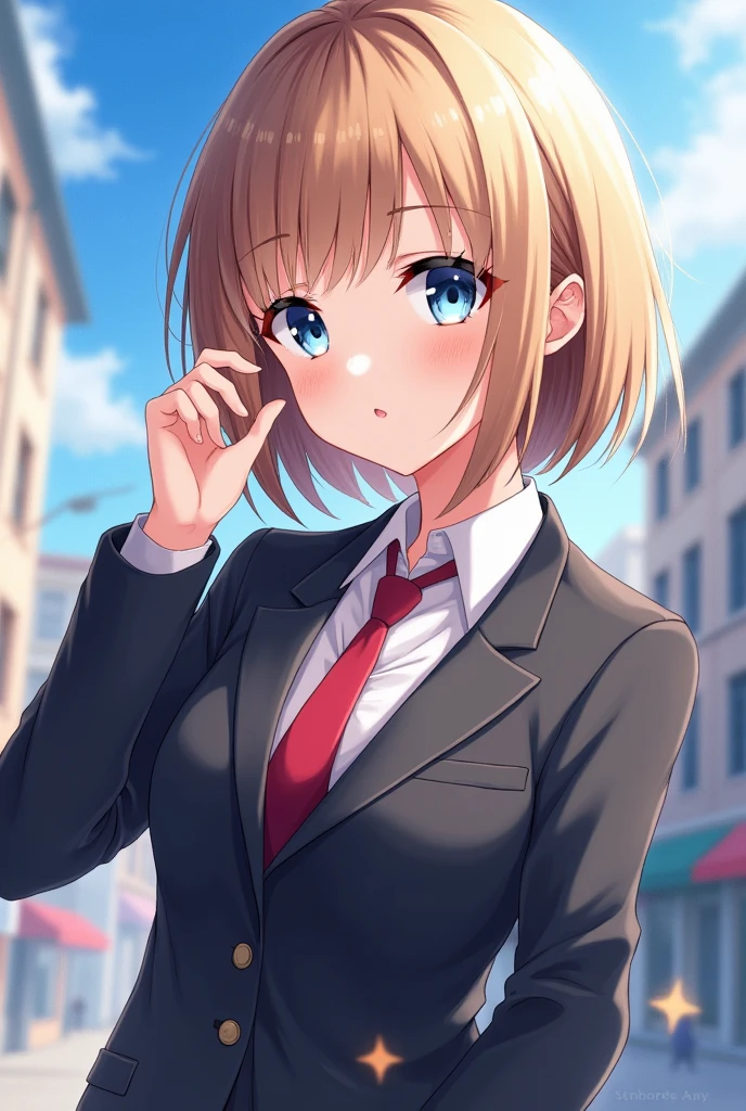 (masterpiece, best quality, ultra-detailed, anime style, city, town, a pretty woman, solo, suit, beautiful light brown hair, beautiful light blue eyes, beautiful eyes, short hair, ahegao, sparkling effect