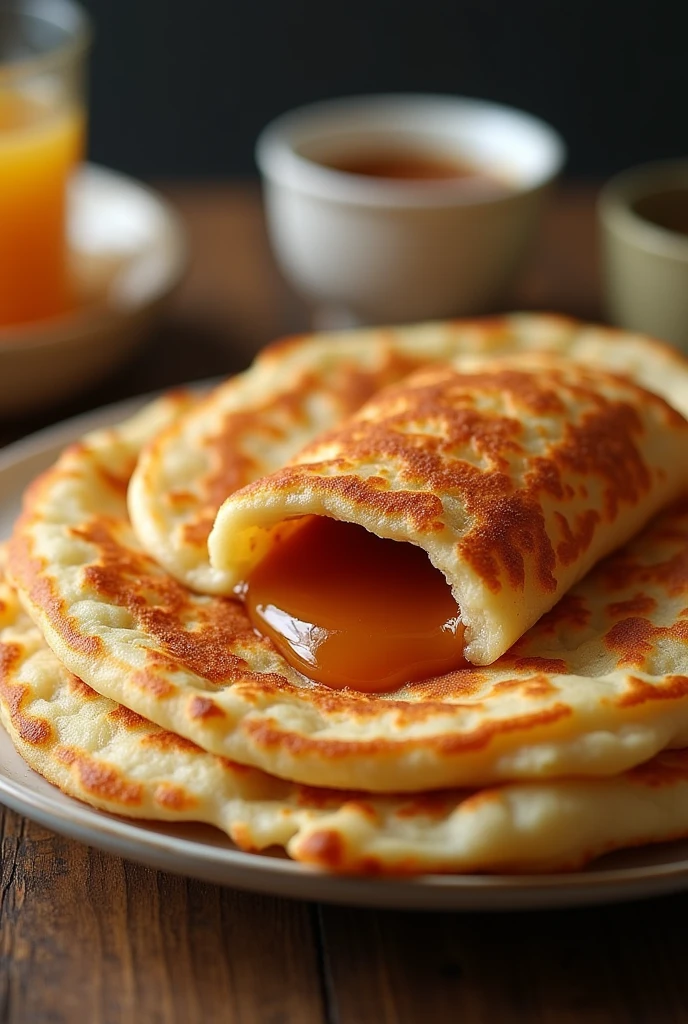 make a big size delicious roti canai with melting sugar liquid inside from malaysia