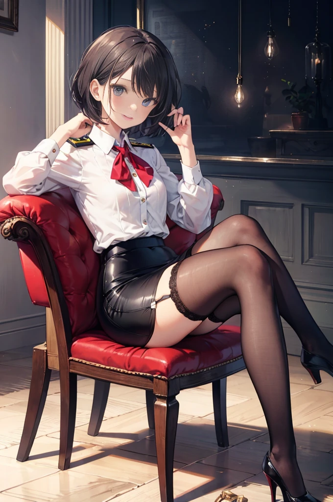 (masterpiece), 4K,woman,I have a pen,Long-sleeved military uniform,Small breasts,Small Ass,Bobcut,Light bulb lighting,Realistic, skinny, Garter Stockings,smile,Sit in a luxurious chair,((Knee-length pencil skirt)),