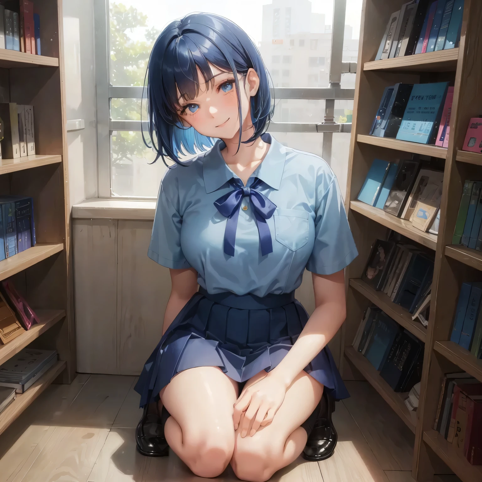 1. High school girl 17-year-old female Bobcut dark blue hair color High School Uniform Light blue Y-shirt Short sleeve Blue Ribbon dark blue hair color Slim figure Large Breasts Full body portrait School library Smiling Kindly Laugh a little library Hand Signs squat Kneel Look up here