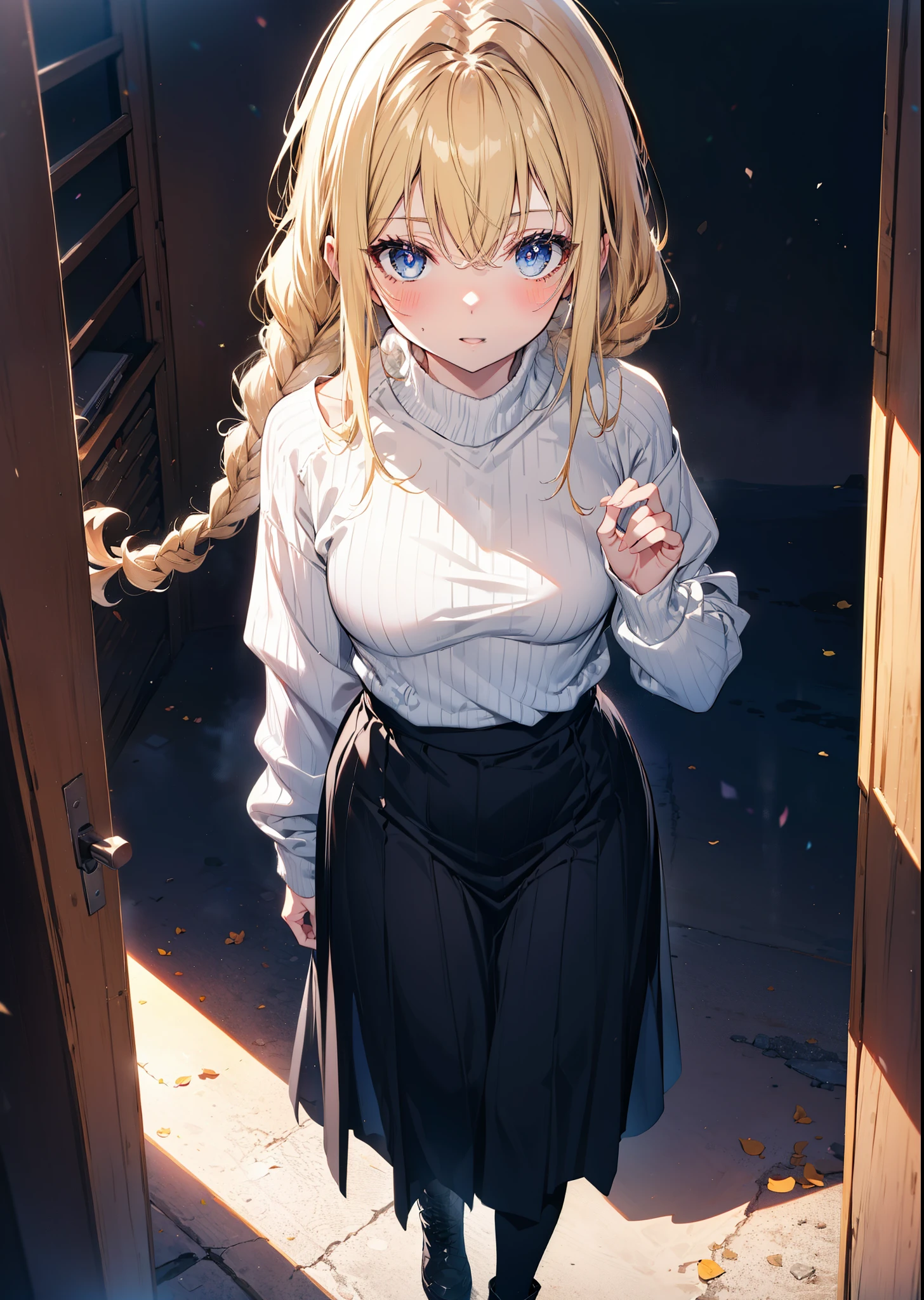 Alicesburg, Alice Zuberg, bangs, blue eyes, Blonde, Hair between the eyes, hair band,smile,blush,Open your mouth, Long braids,Glasses,One-shoulder sweater,Long skirt,Black pantyhose short boots,Walking,Daytime,Clear skies,whole bodyがイラストに入るように,
break outside, Building district,
break looking at viewer, whole body,
break (masterpiece:1.2), Highest quality, High resolution, unity 8k wallpaper, (figure:0.8), (Beautiful attention to detail:1.6), Highly detailed face, Perfect lighting, Highly detailed CG, (Perfect hands, Perfect Anatomy),