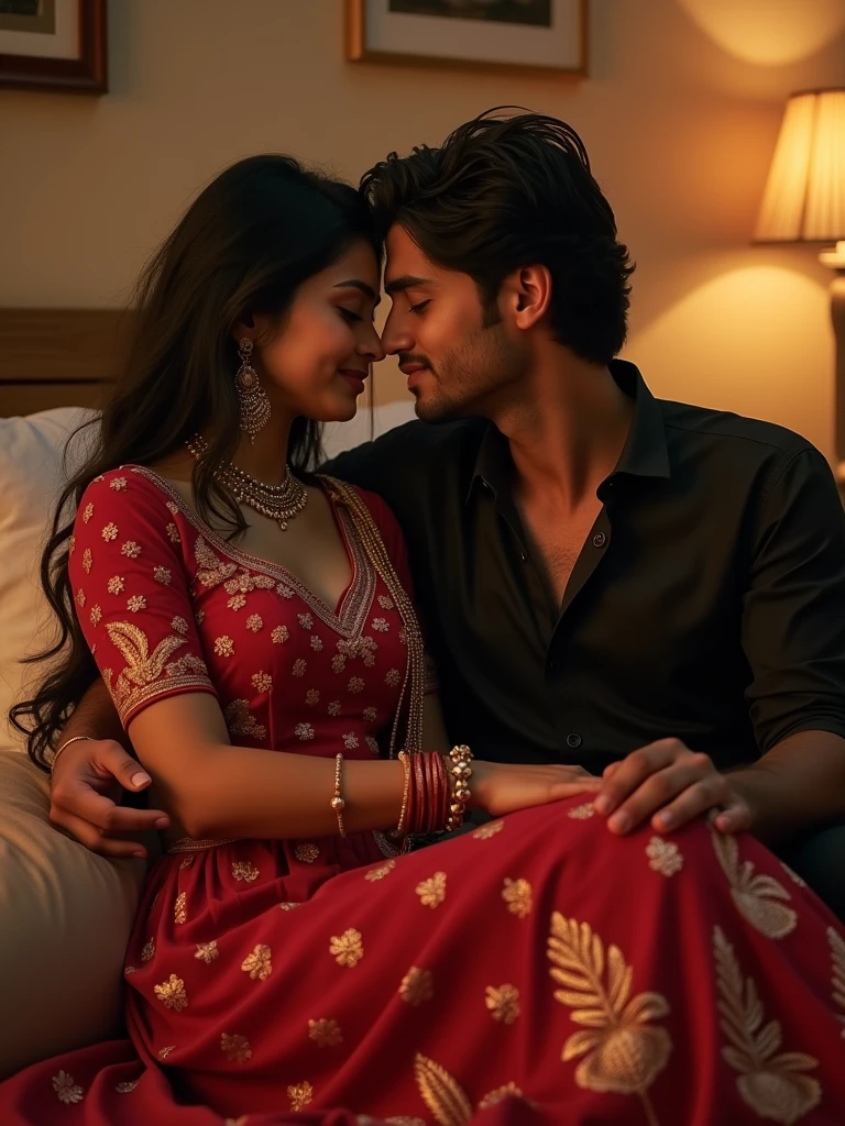 There is a 21-year-old Indian girl she is red wearing a lehenga and is sitting on her boyfriend's lap and is absolutely passionate