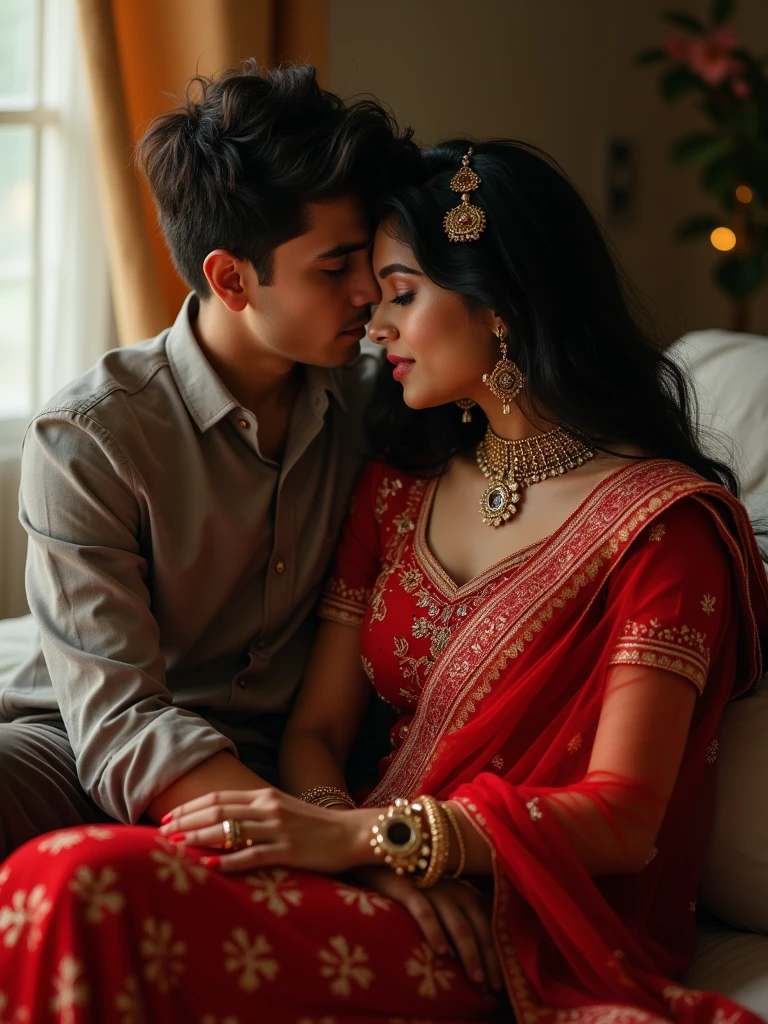 There is a 21-year-old Indian girl she is red wearing a lehenga and is sitting on her boyfriend's lap and is absolutely passionate