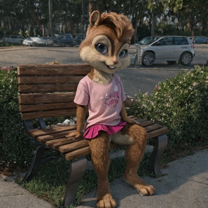 score_9, score_8_up, score_7, score_6, park, brittany miller, chipmunk, furry, short ears, light pink shirt top, jean jacket, pink skirt with black polka dots, sitting on bench, spread legs, looking at viewer, 6 inches tall