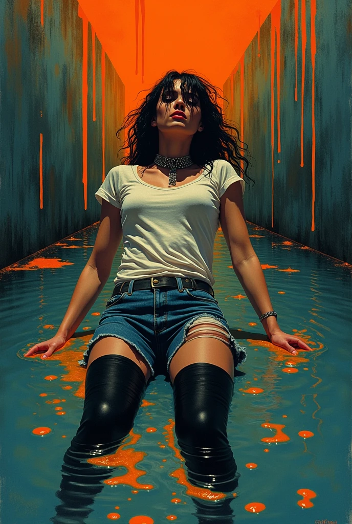 conceptual art, drowning, dripping wet, drama, indulges in fetish, rubber black stockings, vintage jeans cut-offs, t-shirt, slave collar, stuck in slime, orange blue, black, void