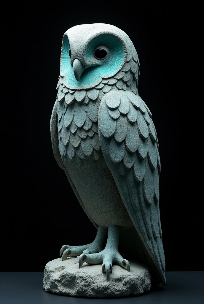 Create a sculpture of a Virginia owl out of stone with black and turquoise lights on a black background in profile
