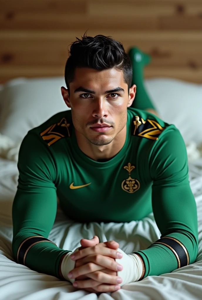 Cr7 green ranger mighty morphin suit lying on a bed (without helmet), looking at the camera