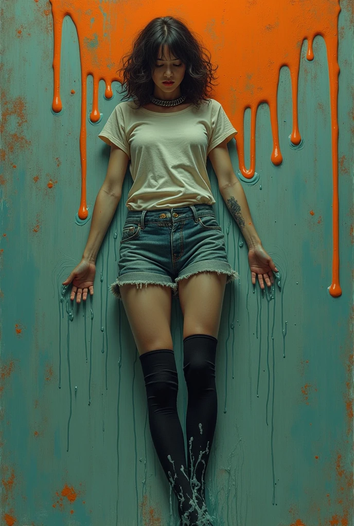 conceptual art, drowning, dripping wet, drama, indulges in fetish, rubber black stockings, vintage jeans cut-offs, wet t-shirt, slave collar, stuck in slime, orange blue, black, void