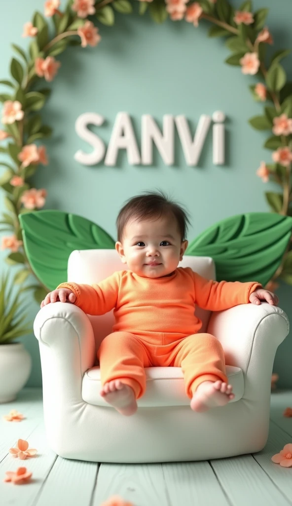 Create 3D picture of a beautiful 5 girl sitting on the white sofa set chair, the is wearing a neon, background wall decorate in flower and leaves and written on capital Big font white colour "SANVI" and wing are green colour look like angel