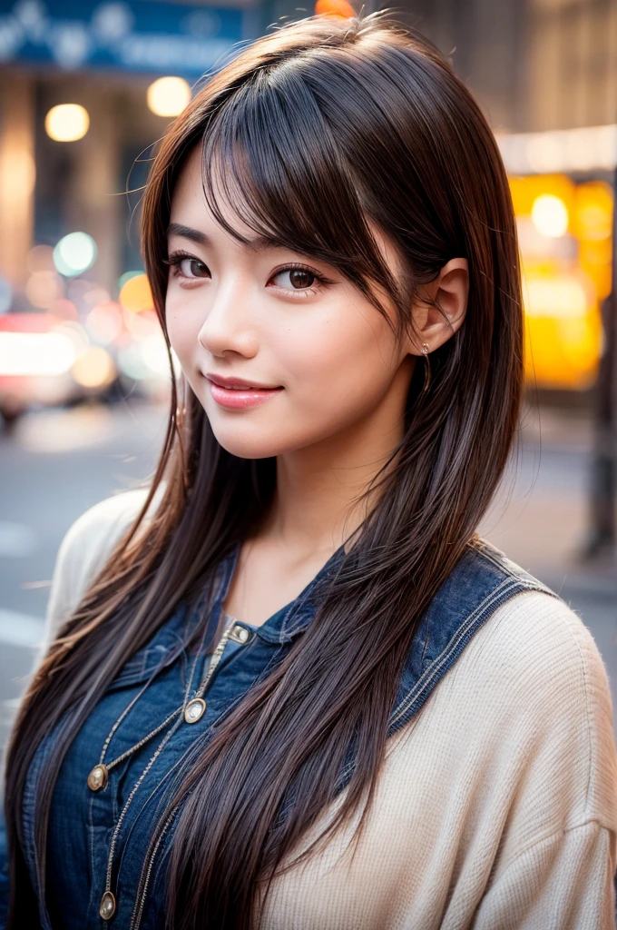 photograph, Highest quality, Urban woman , photo of beautiful 何?casual, smile, View your viewers, Perfect Face, Perfect Eyes, Sharp focus, Complex, Attention to detail, dramatic, Realistic,