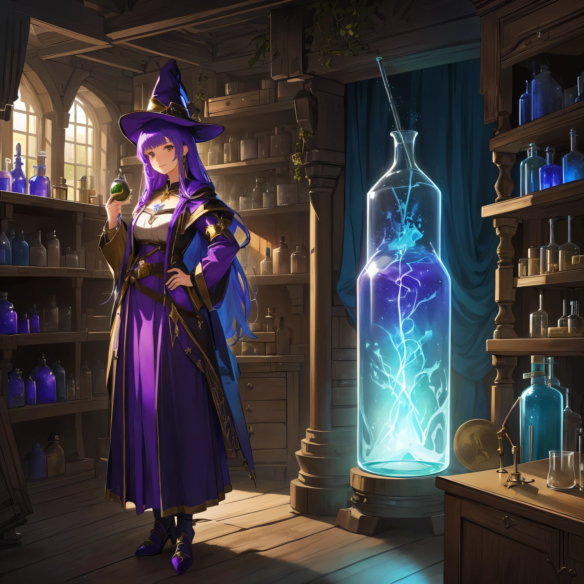 A woman is standing next to a large vase, she is in the potions workshop, Making medicines, fantasy alchemist laboratory, Put a spell on the potion, Realistic fantasy illustration, Make potions in the witch&#39;s hut, In the portion shop, Alchemy Research Institute, Magic Potion, Magic Potion, Fantasy RPG book illustration, Magic shop, large hall, large table, wand, flask, colorful liquids, distillation, distillation equipment, coffee cup, mysterious atmosphere, open air, light from large windows, wooden structure, wizard's clerk, wizard girl holding a cane, small animals, bright colorful lighting, warm lighting, fantasy, magic circle, fantastic lamps hanging from the ceiling, old-fashioned mansion