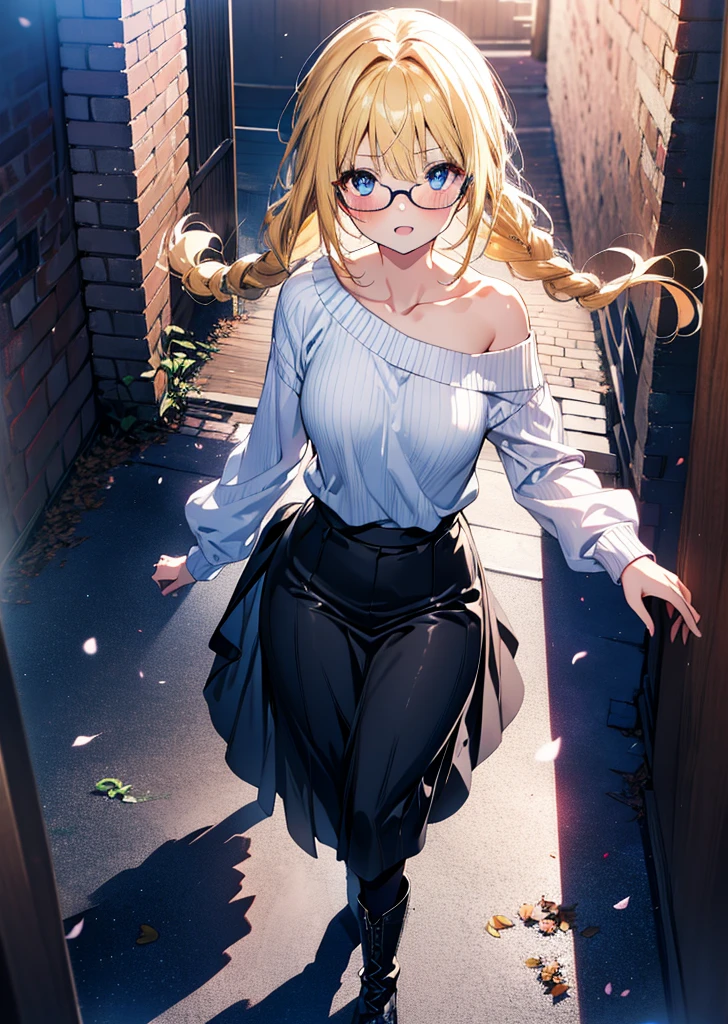 Alicesburg, Alice Zuberg, bangs, blue eyes, Blonde, Hair between the eyes, hair band,smile,blush,Open your mouth, Long braids,Glasses,One-shoulder sweater,Long skirt,Black pantyhose short boots,Walking,Daytime,Clear skies,whole bodyがイラストに入るように,
break outdoors, Building district,
break looking at viewer, whole body,
break (masterpiece:1.2), Highest quality, High resolution, unity 8k wallpaper, (figure:0.8), (Beautiful attention to detail:1.6), Highly detailed face, Perfect lighting, Highly detailed CG, (Perfect hands, Perfect Anatomy),