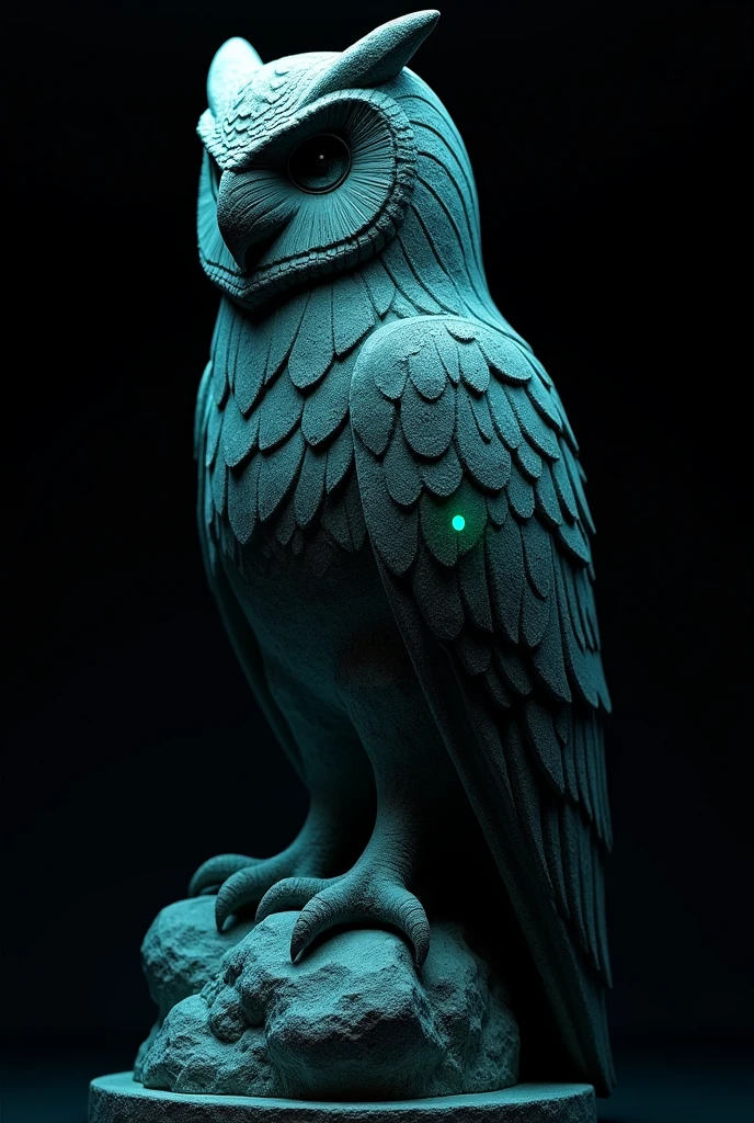Create a stone owl sculpture with black and turquoise lights on a black background in profile