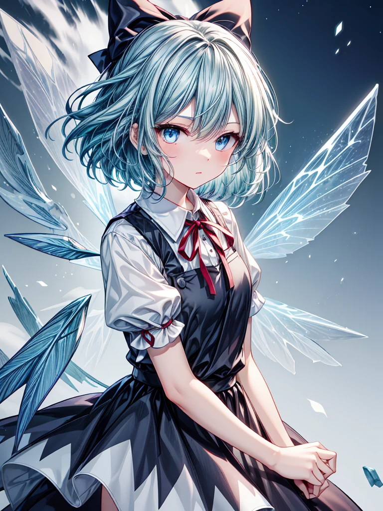 1girl, ((Alluring)),((Wear cold air)),cirno (Touhou), long hair, blue hair, ice wings, ((Hair blowing in the wind)),fairy wings, Blue eyes, bangs, white shirt, collared shirt, puffy short sleeves, blue dress, pinafore dress, red ribbon, neck ribbon, blue bow, green bow, hair bow, bow